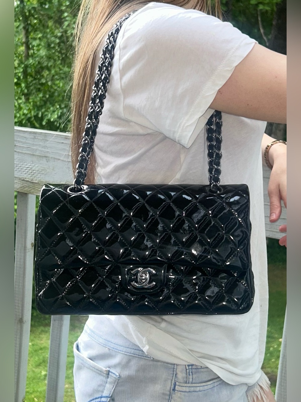 CHANEL Medium Classic Double Flap Patent Leather Quilted Handbag Black